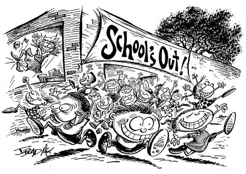 Happy kids running abount with a 'Schools out' banner