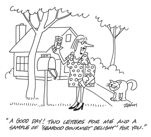 'A good day! Two letters for me and a sample of 'Seafood Gourmet Delight' for you.'
