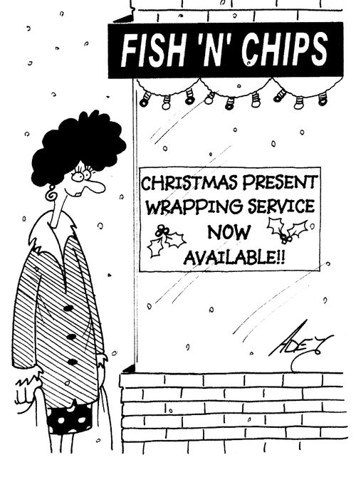 Christmas present wrapping service available in a fish and chip shop.