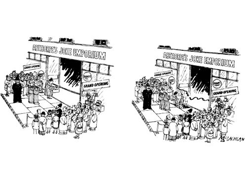 Woman opening a joke shop; She cuts the ribbon and falls through a trap door.