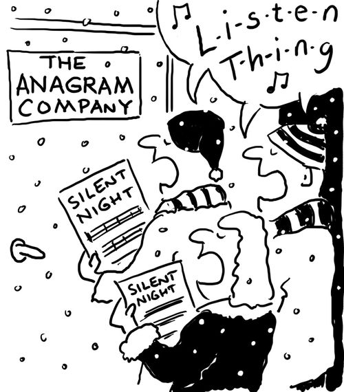 Carol singers at Anagram Company singing 'Listen Thing' instead of 'Silent Night'.