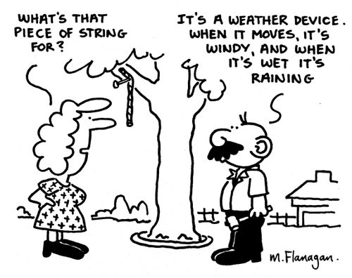 'What's that piece of string for?'  'It's a weather device.  When it moves, it's windy, and when it's wet it's raining.'