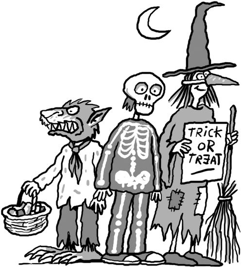 Kids in spooky costumes doing trick or treat