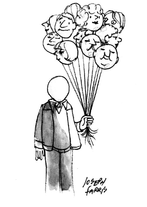 faceless person holding balloon heads.
