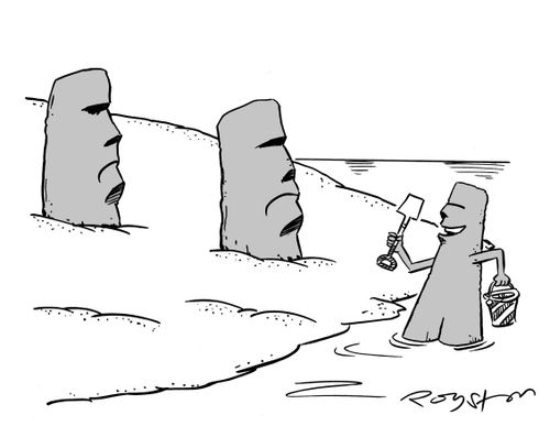 Easter Island 'child', with bucket and spade, has buried parents in the sand, hence we can only see their heads.