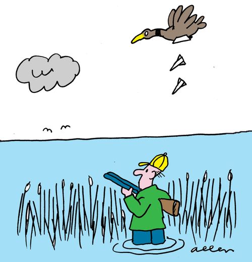 Duck hunter with duck dropping bombs on him.