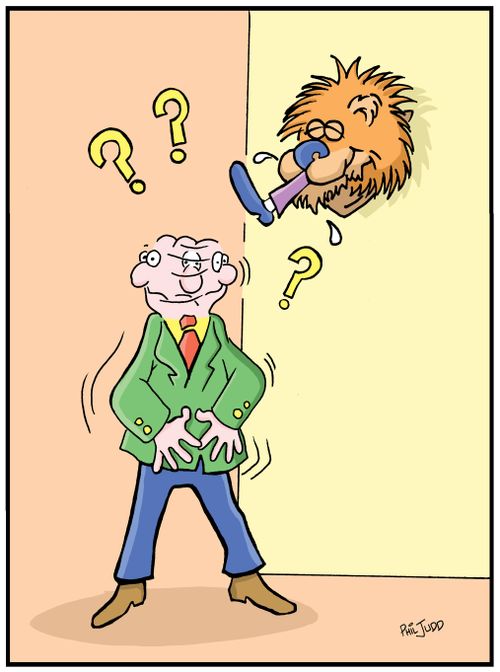 Man looking for missing person. Foot coming out of the mouth of a mounted Lion's head.