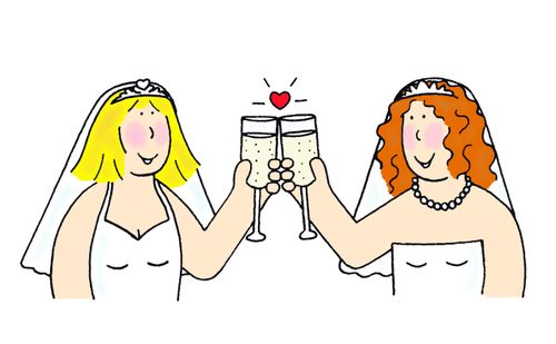 Two brides raise a glass.