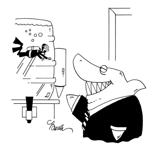 Scuba diver in shark's water cooler.