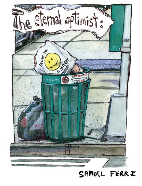 The Eternal Optimist: Smiley Face grocery bag in the garbage, saying, 'Thank You'.