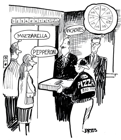 Businessman dreaming of pie charts when he sees a pizza.