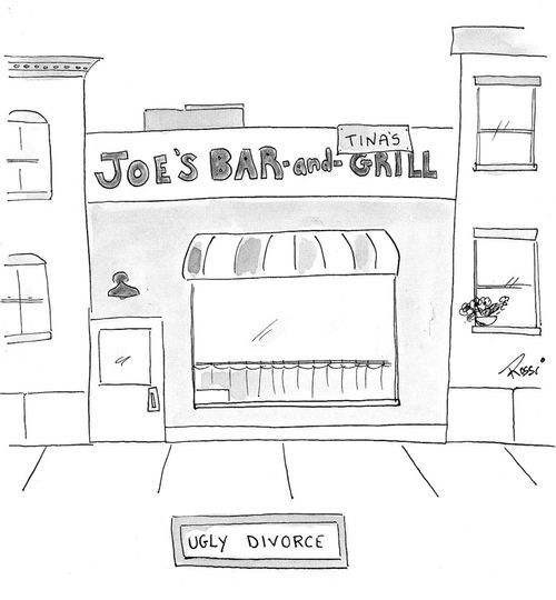 Building sign reads: 'Joe's Bar and Tina's Grill.' Sub heading reads 'Ugly Divorce'