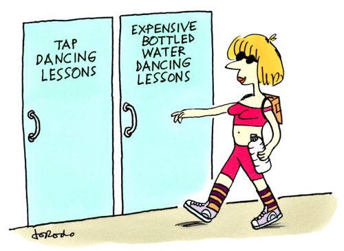Woman at dancing lessons has choice of two doors - tap dancing or expensive bottled water dancing lessons.
