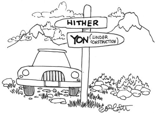 Signs: 'hither...yon (under construction)