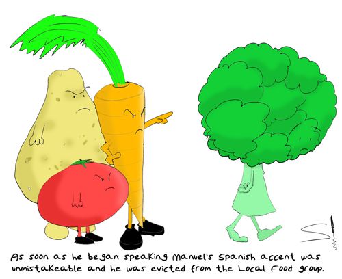 As soon as he began speaking Manuel's Spanish accent was unmistakeable and he was evicted from the Local food group.