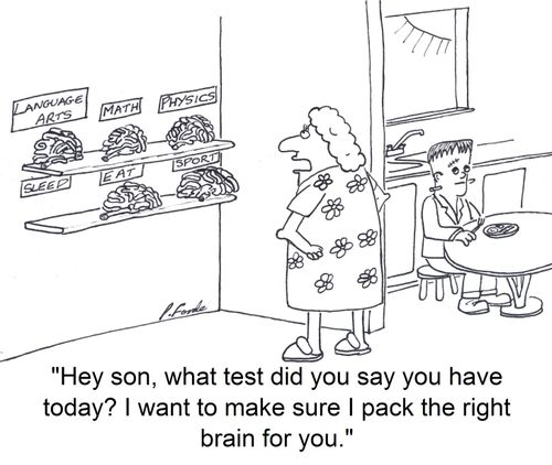 'Hey son, what test did you say you have today? I want to make sure I pack the right brain for you.'
