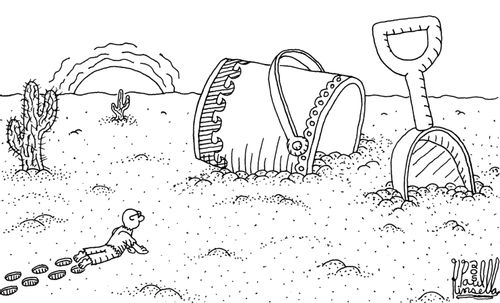 Lost in desert, but finds huge pail and shovel.