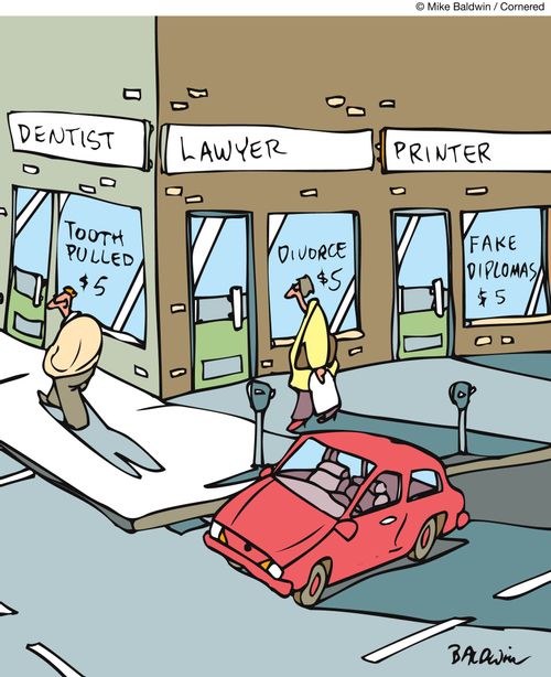 Printer shop selling fake diplomas surrounded by businesses set up by their customers.