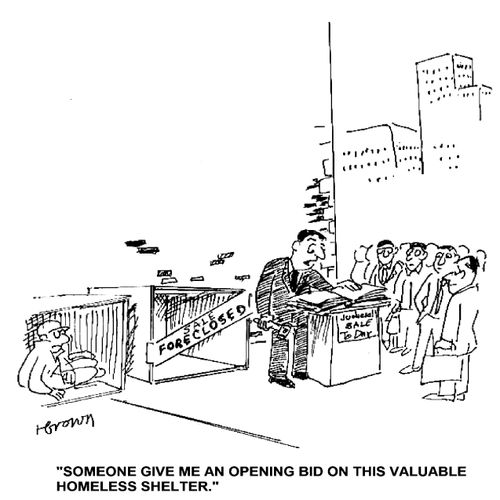 'Someone give me an opening bid on this valuable homeless shelter.'