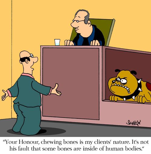 'Your Honour, chewing bones is my clients' nature. It's not his fault that some bones are inside of human bodies.'