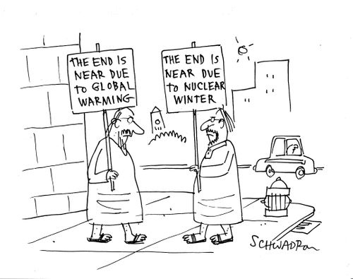 Two doomsayers, one with a sign saying 'The end is near due to global warming' and the other 'The end is near due to nuclear winter'.