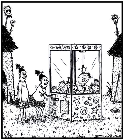 Cannibals playing on a Crane pick up game machine.