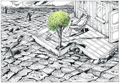 A lone tree is protected in a barren landscape.