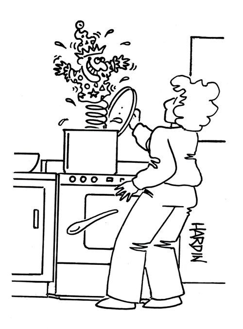 Woman finding jack-in-a-box in her saucepan.