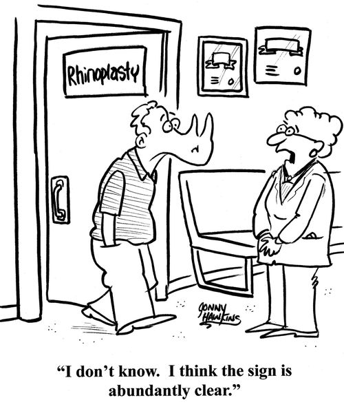 Lady regarding man exiting 'Rhinoplasty' room: 'I don't know. I think the sign is abundantly clear.'