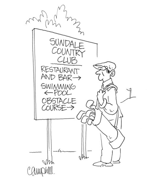Golfer reads club sign pointing to restaurant, swimming pool, obstacle course.
