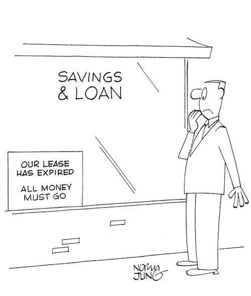 Savings & Loan has sign: Our lease has expired. All money must go.