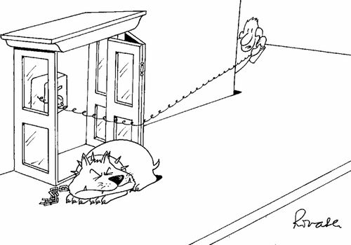Dog blocking entrance to phone booth