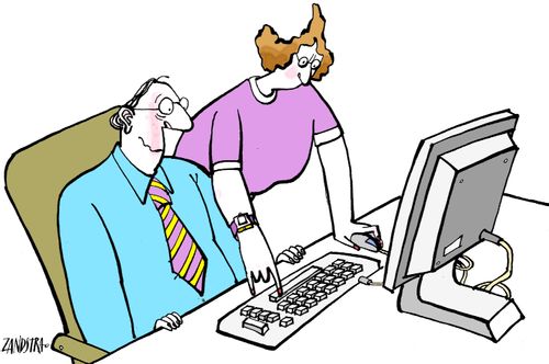 Man being shown how to use computer by a woman.