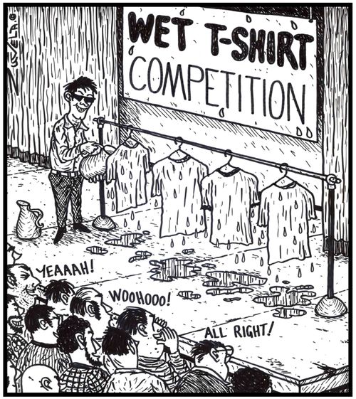 (Visual gag) Wet T-shirt Competition A group of guys yelling out excitedly to a rack of wet T-shirts 