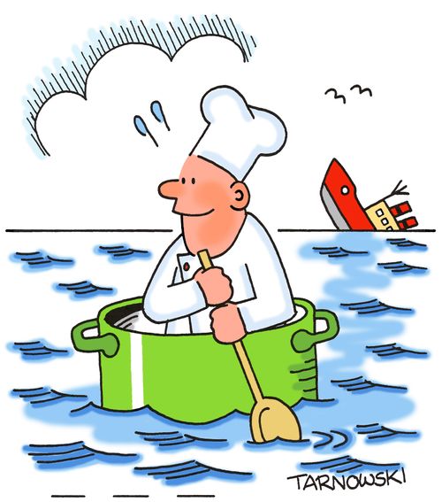 Ship's cook escaping in a saucepan.