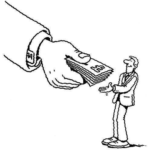 Big hand giving little man money.