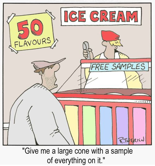 "Give me a large cone with a sample of everything on it."