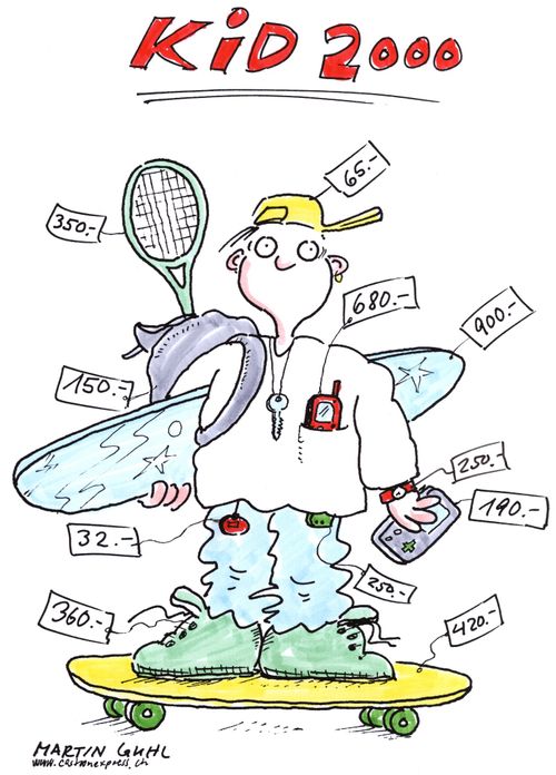 'Kid 2000' with expense price tags over him and his 'toys'