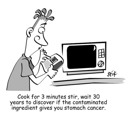Cook for 3 minutes stir, wait 30 years to discover if the contaminated ingredient gives you stomach cancer.