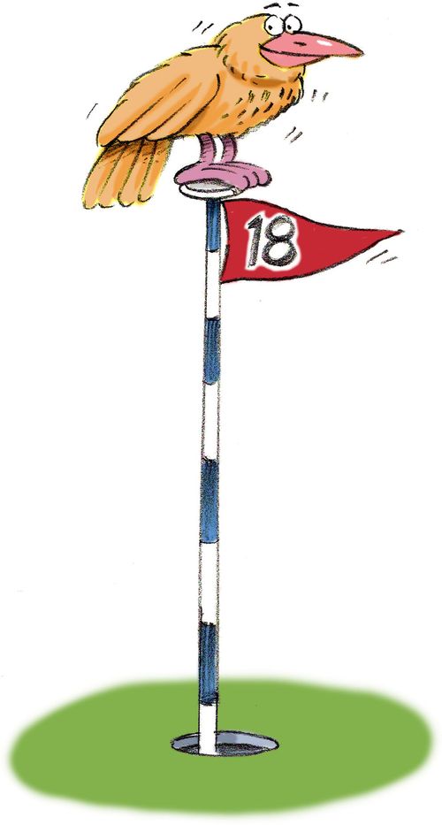 Big bird atop 18th hole flag on golf course.
