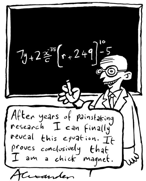 "After years of painstaking research, I can finally reveal this equation. It proves conclusively that, I am a chick magnet!"
