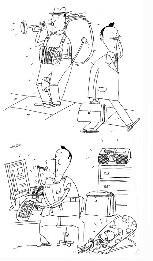 Man dislikes noise of one man band, but goes home to his loud babies, pc and stereo.