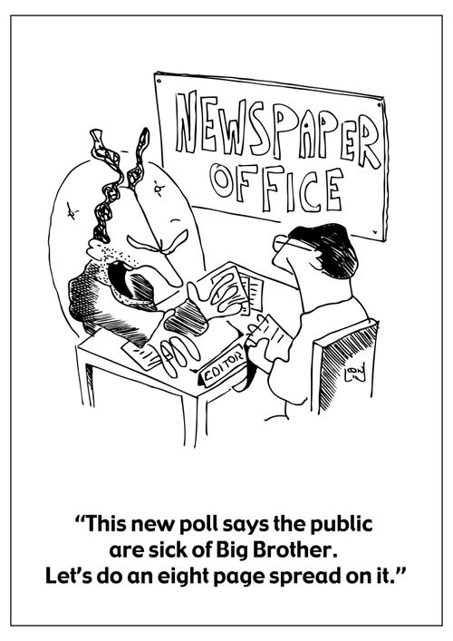 "This new poll says that public are sick of Big Brother. Let's do an eight page spread on it."