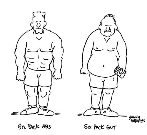 Healthy man next to fat man.