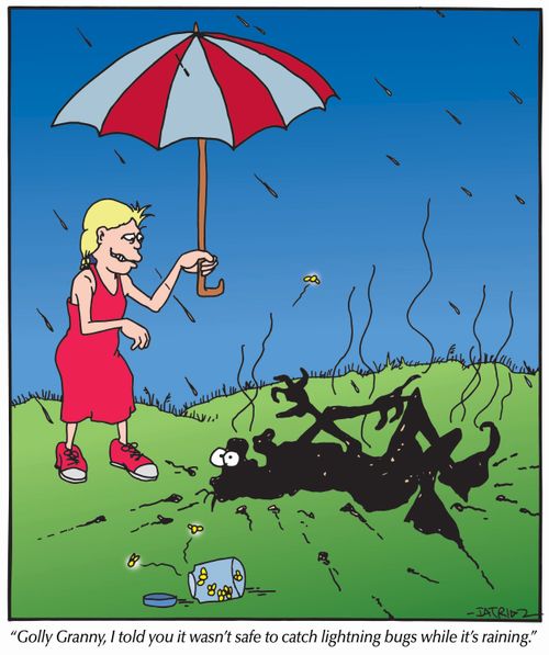 'Golly Granny, I told you it wasn't safe to catch lightning bugs while it's raining.'