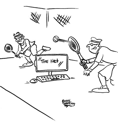 Two tennis players playing over computer that says 'The Net'.