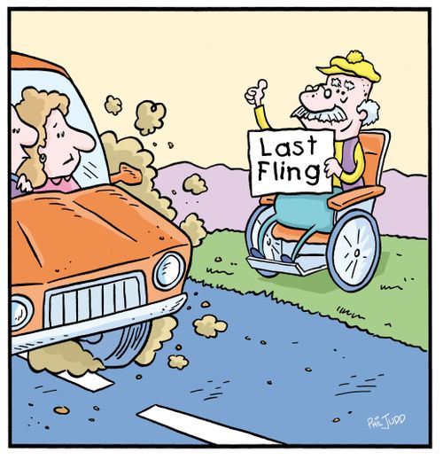 Old Geriatric Hitchhiker holding a sign saying 'Last Fling',
