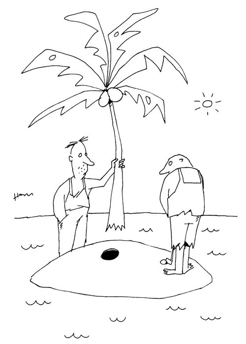 Man pulls out Palm Tree on Deserted Island.