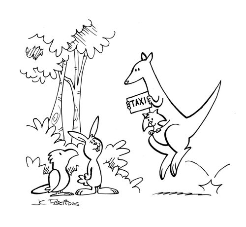 Kangaroo with a taxi sign carrying passengers in its bag.