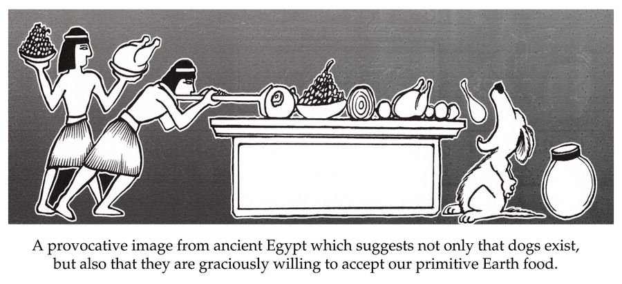 A Provocative image from ancient Egypt which suggests not only that dogs exist, but also that they are graciously willing to accept out primitive Earth foods.